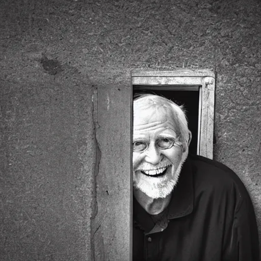 Image similar to an smiling old man peeking through a small door