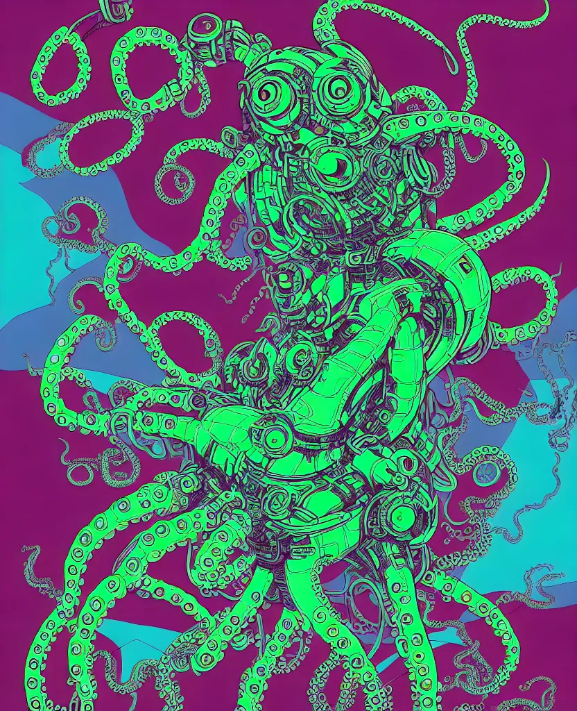 Prompt: robotic cyberpunk octopus by miyazaki, green purple red color palette, symmetrical illustration, kenneth blom, mental alchemy, james jean, pablo amaringo, naudline pierre, contemporary art, hyper detailed