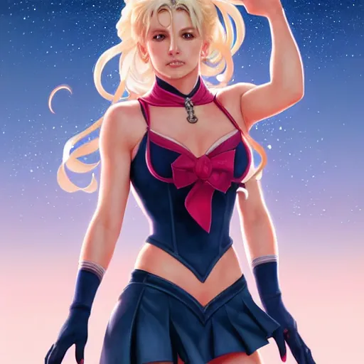 Prompt: Britney Spears as Sailor Moon, western, D&D, fantasy, intricate, elegant, highly detailed, digital painting, artstation, concept art, matte, sharp focus, illustration, art by Artgerm and Greg Rutkowski and Alphonse Mucha