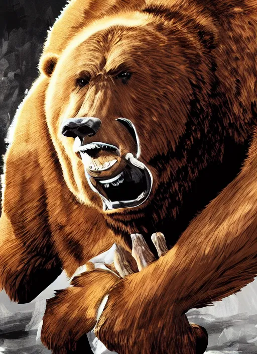 Image similar to portrait of a buff pro wrestling grizzly bear, digital painting masterpiece, advanced lighting technology, stylized yet realistic anatomy and face, gorgeous, by reiq and bengus and akiman and shigenori soejima and bastien vives and balak and michael sanlaville, 4 k wallpaper, cinematic, gorgeous brush strokes, coherent and smooth