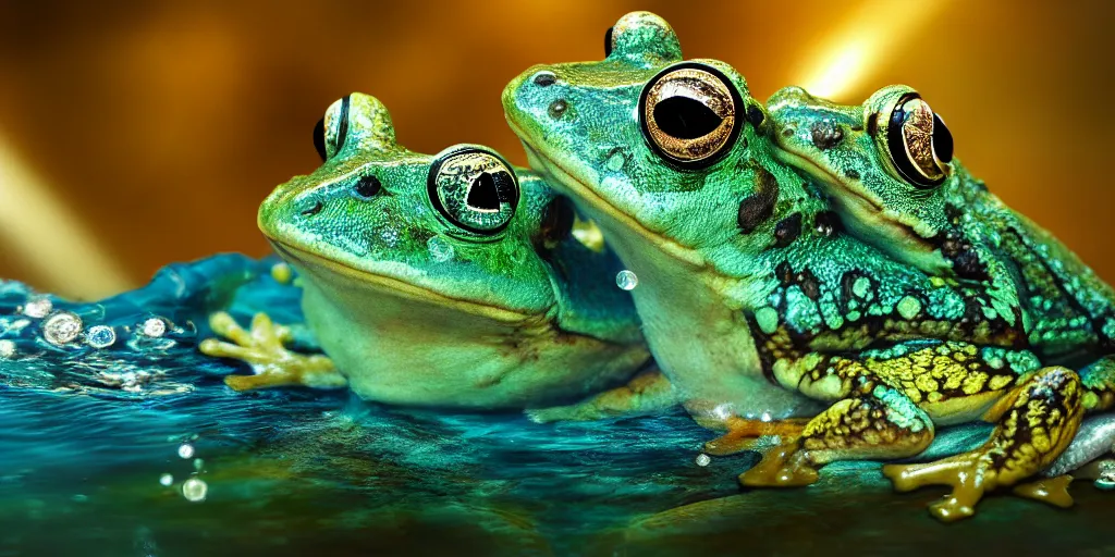 Image similar to a very intricately detailed underwater photo of a frogs cuddling. a lot of bubbles, diffracting the light. small curious fish in the background. extreme detail, artstation hq, 8 k