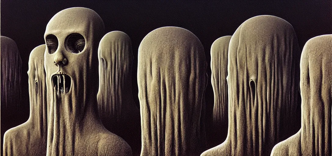 Image similar to highly detailed horror dystopian surreal painting of eerie head statues and buildings by zdzisław beksinski