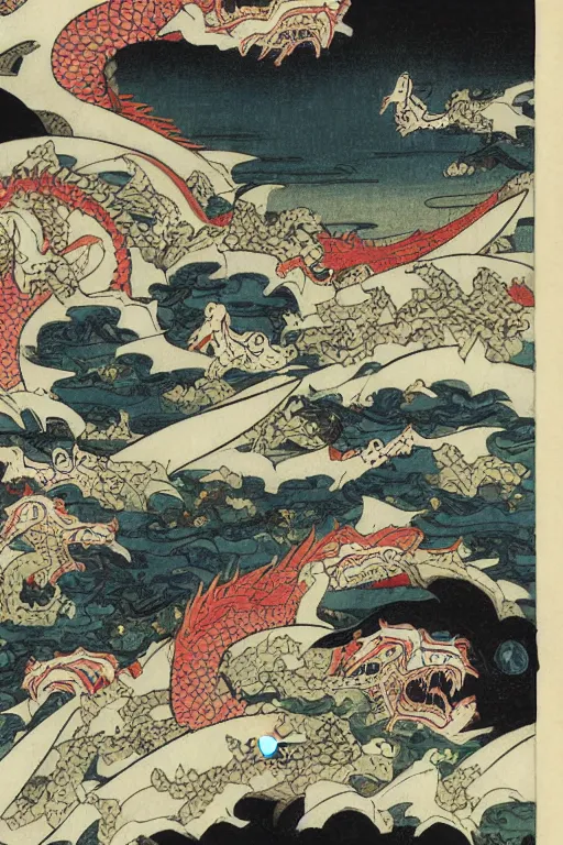Image similar to A sea of dragons by Utagawa Kuniyoshi, ukiyo-e, nightmare ocean storm