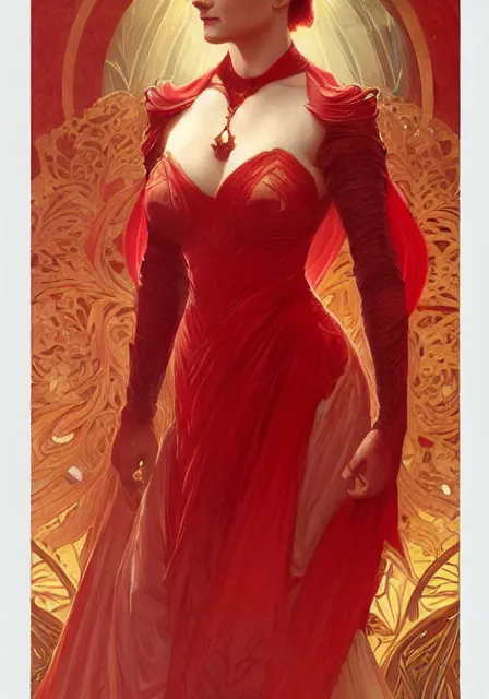 Image similar to sansa stark in red and gold, intricate, elegant, highly detailed, digital painting, artstation, concept art, smooth, sharp focus, illustration, art by artgerm and greg rutkowski and alphonse mucha and william - adolphe bouguereau