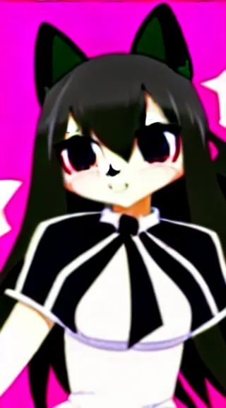 Image similar to Anime Screenshot of a “red-eyed black-haired anime fox girl” wearing black fingerless-gloves, high-waist-black-skirt, white-collared-shirt blue-open-jacket, black-necktie, unsheathing her katana, white background, visual-key, anime illustration, pixiv, anime-twitter