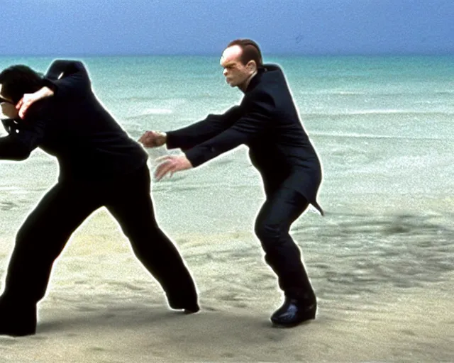 Prompt: a wide angle movie still from the matrix 1 9 9 9 showing neo and agent smith fighting on the beach, shot on celluloid with panavision cameras, panavision lenses, 3 5 mm film negative width, anamorphic projection format, critically acclaimed, oscar winning practical effects