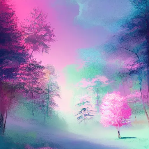 Prompt: inspirational landscape painting soft pastel colors blue pink white sky with white pink blue ground forest, art station, volumetric lighting