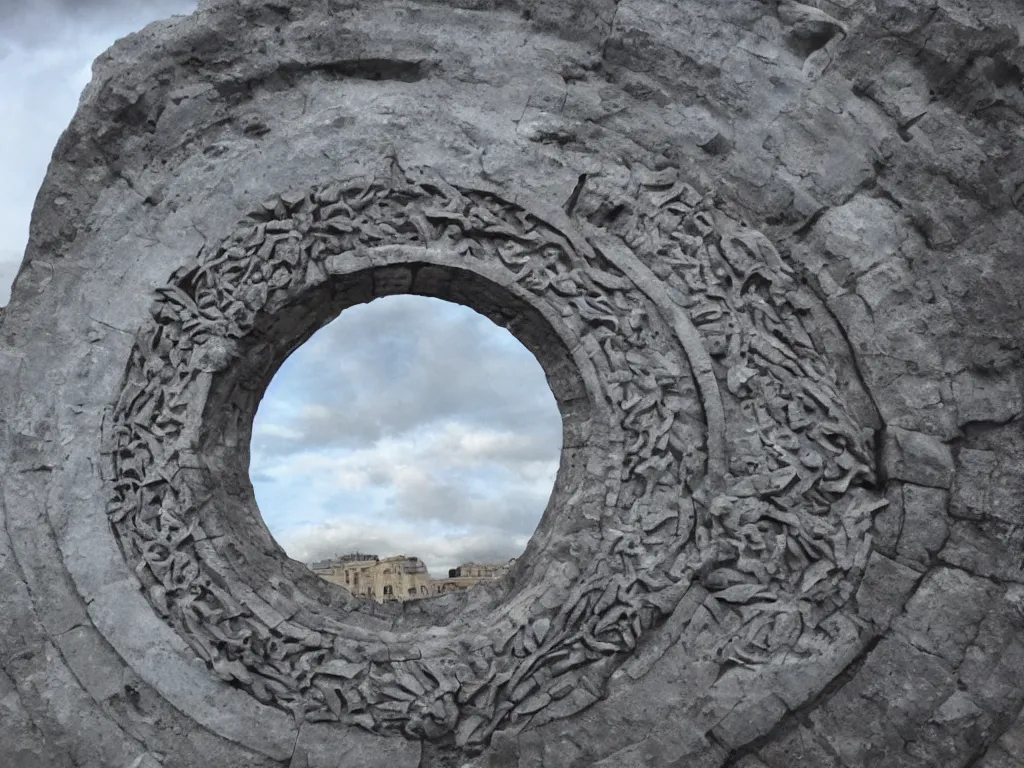 Image similar to stargate made of stone that form a circle, cinematic view, epic sky stargate made of stone that form a circle, cinematic view, epic sky