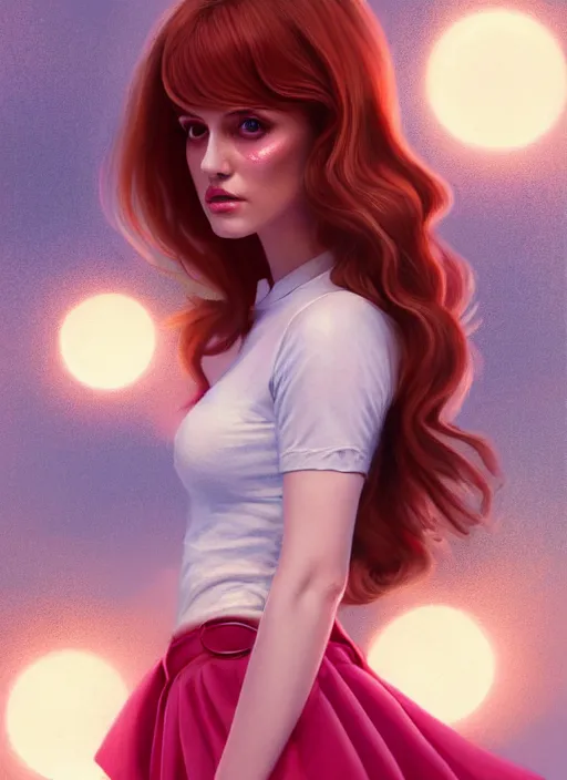 Image similar to full body portrait of teenage cheryl blossom, bangs, green eyes, sultry expression, red hair, sultry smirk, bangs and wavy hair, pink skirt, intricate, elegant, glowing lights, highly detailed, digital painting, artstation, concept art, smooth, sharp focus, illustration, art by wlop, mars ravelo and greg rutkowski