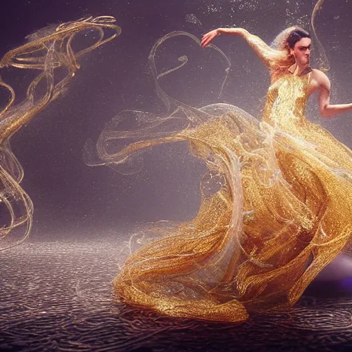 Image similar to jennifer connelly dancing underwater wearing a long flowing dress made of many layers of gold and silver wire, coral sea bottom, swirling schools of silver fish, swirling smoke shapes, octane render, caustics lighting from above, cinematic, hyperdetailed