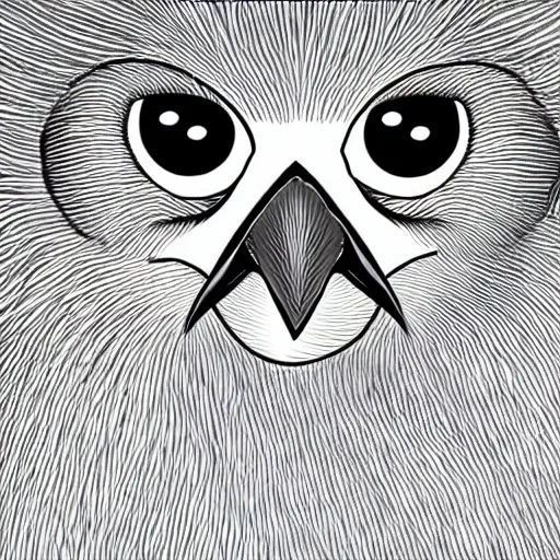 Image similar to bird stares face on into camera with quizzical expression, extremely detailed cartoon