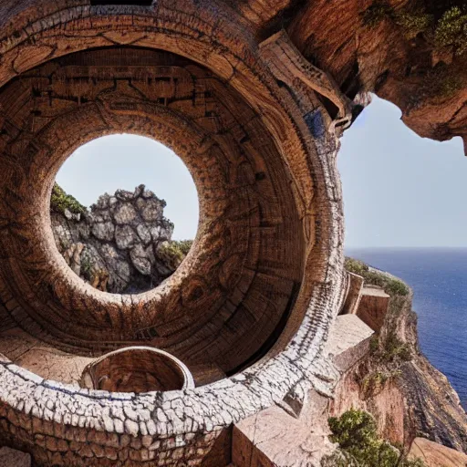 Image similar to a gigantic paleolothic torus made of stone with highly detailed carvings of intricate shamanic robotic electronics and circuitry, in a mediterranean lanscape, inside a valley overlooking the sea, in the style of michal karcz