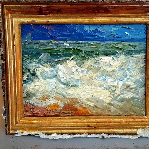 Image similar to oil paint impasto relief, beautiful evening italian beach scene, stormy rough sea, multi layered thick brush marks, some splattered paint, in the style of ivan shishkin and frank auerbach and van gogh