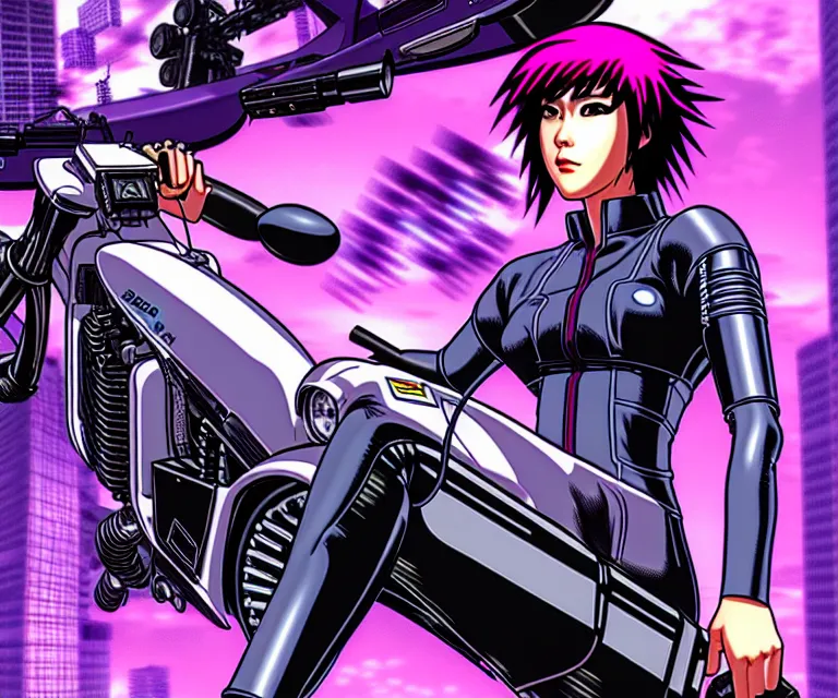 Image similar to motoko kusanagi riding a cyberpunk vehicle in a grungy cyberpunk megacity, bosozoku gang war, cyberpunk vaporwave, by phil jimenez, artgerm, sola digital arts, anti aliasing, raytracing