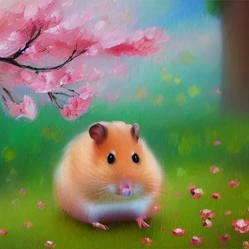 Image similar to beautiful oil painting of a hamster sitting in a colorful wide field full of cherry blossoms, artstation, high details