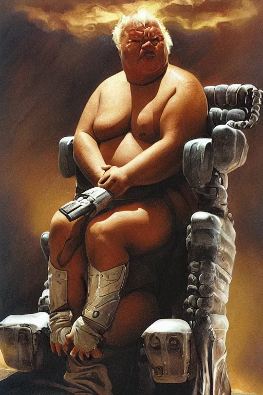 Image similar to ray winstone as baron harkonnen sitting on throne in dystopian science fiction hall in 1982 movie dune, by boris vallejo