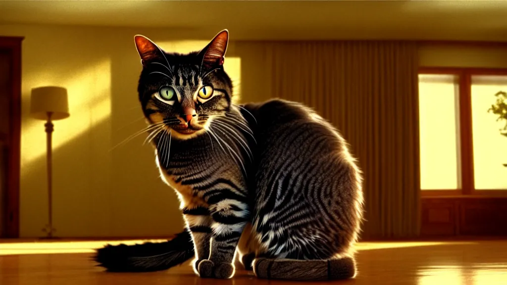 Image similar to an average american cat in the living room, film still from the movie directed by Denis Villeneuve with art direction by Salvador Dalí, wide lens