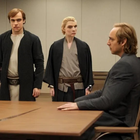 Image similar to anakin skywalker played by hayden christensen wearing jedi robes is talking to lawyers saul goodman played by bob odenkirk wearing a suit and kik wexler played by rhea seehorn in court, better call saul court scene 1 0 8 0 p, jimmy mcgill in court, court session images, realistic faces