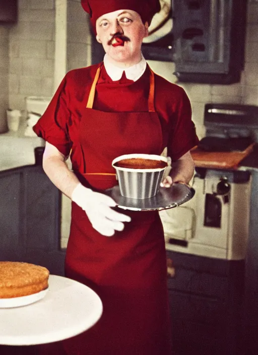 Prompt: a 35mm photograph of Hitler in an apron, dressed as a housewife, baking a cake, in the 1950's, bokeh, Canon 50mm, cinematic lighting, photography, retro, film, Kodachrome