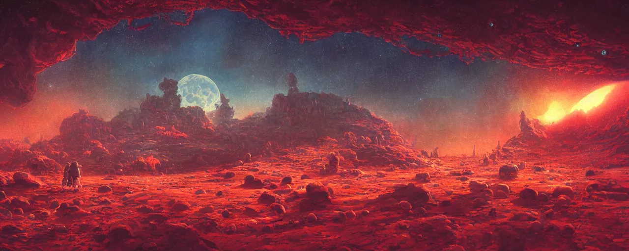 Image similar to ” lunar landscape, [ cinematic, detailed, epic, widescreen, opening, establishing, mattepainting, photorealistic, realistic textures, octane render, art by paul lehr ] ”