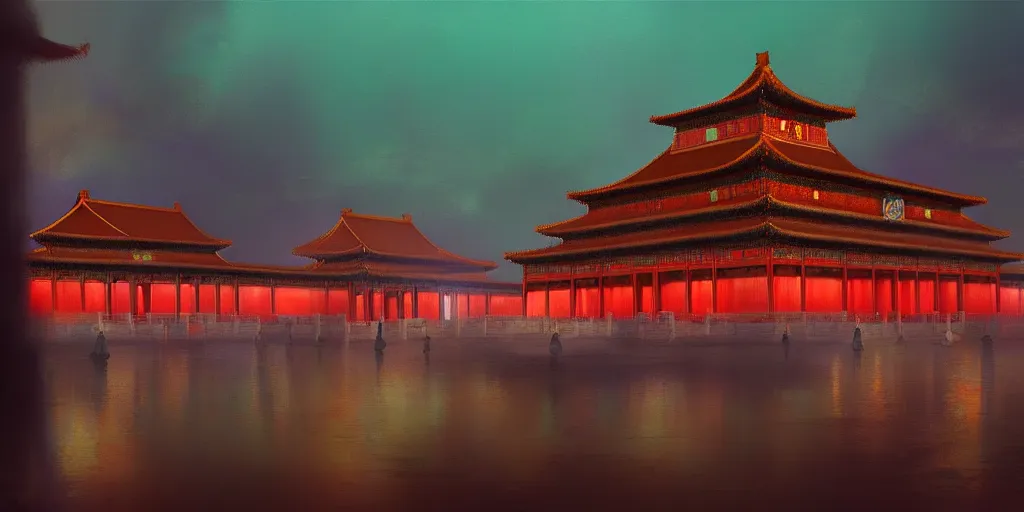 Image similar to Forbidden City by Neon Light, in the style of Cyberpunk Impressionism, Krenz Cushart, Moebius, and Muchain, Prismatic, Rococo, Pearlescent, reflective, shimmering, highly detailed, masterpiece, dreamy, concept art, Cinema lighting, 8k, trending on artstation