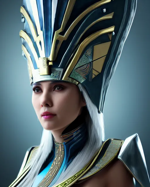 Image similar to perfect white haired attractive egyptian goddess, warframe armor, pharaoh headdress, beautiful, symmetric, dreamy, half asian, pretty face, green eyes, charlize theron, detailed, scifi platform, laboratory, experiment, 4 k, ultra realistic, epic lighting, android body, illuminated, cinematic, masterpiece, art by akihito tsukushi, voidstar