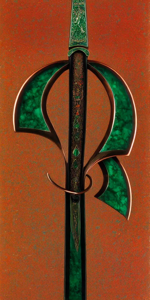 Prompt: a curved sword in the style of zdzisław beksinski, elegant, copper and emerald inlay, brilliant