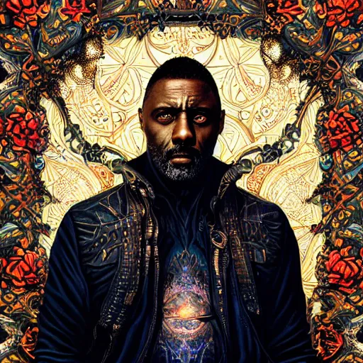 Image similar to portrait of idris elba, hyper detailed masterpiece, neon floral pattern, jean giraud, digital art painting, darkwave goth aesthetic, psychedelic, artgerm, donato giancola and tom bagshaw