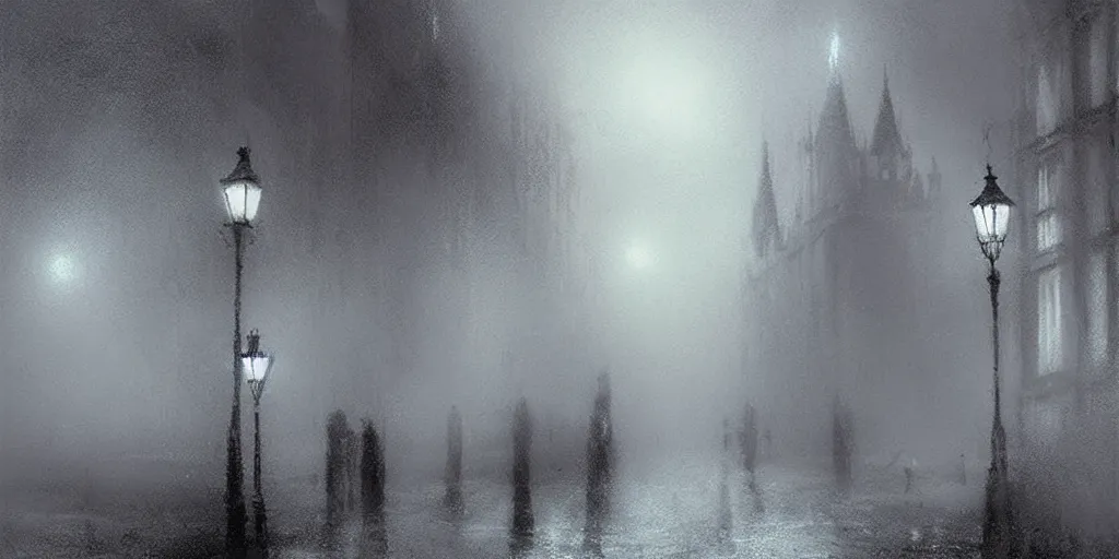 Image similar to victorian london, fog, night, digital art by chris cold, - h 6 4 0