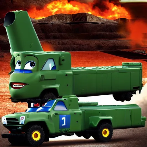 Image similar to HIMARS with rockets, Cars Pixar movie style, detailed, green