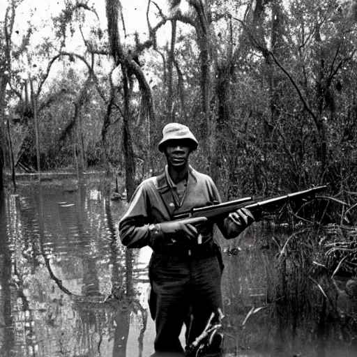 Image similar to american soldier in the swamps of louisiana in the 1 9 5 0 s holding an m 1 garand photograph