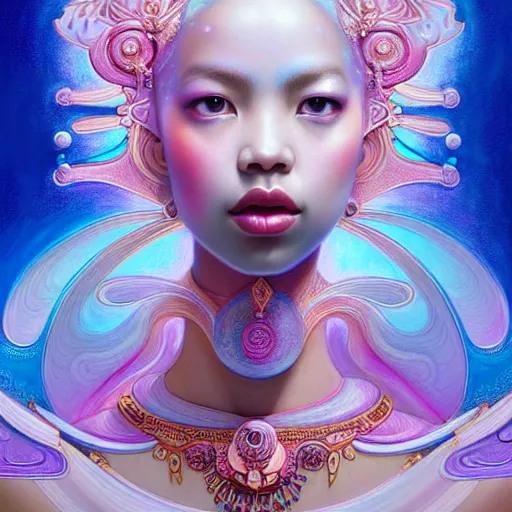 Prompt: Lalisa Manobal as a beautiful celestial pearlescent Goddess wearing a futuristic lush Greek battlesuit exposed in cryo chambers by James Jean, royal blue and pink theme, intricate, elegant, highly detailed, centered, digital painting, artstation, concept art, smooth, sharp focus, illustration, by Peter Mohrbacher, WLOP