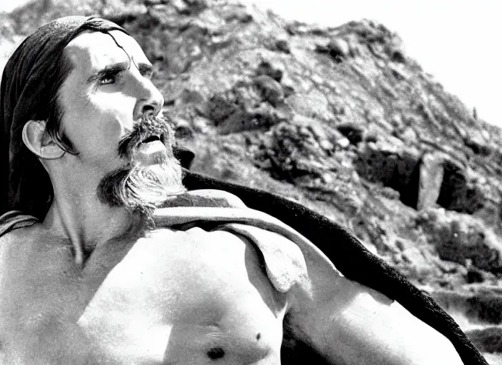 Image similar to film still of Christian Bale as Moses in The Ten Commandments 1956