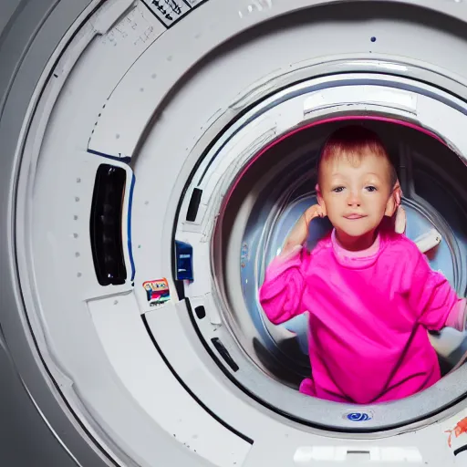 Prompt: Photograph of a tiny astronaut stuck in a washing machine with pink clothes. 8k resolution.