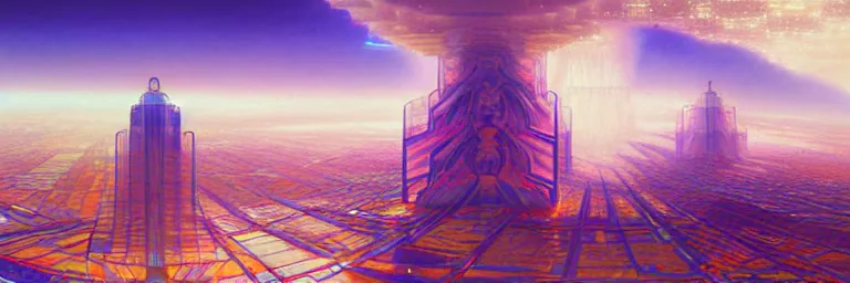 Image similar to a sprawling cybernetic temple, a large hi - tech city, and a river surrounded by fractal mountains, volumetric clouds, cybernetic faces, vaporwave aesthetic, colorful, psychedelic, digital painting, artstation, concept art, smooth, sharp focus, illustration, art by artgerm and greg rutkowski and alphonse mucha