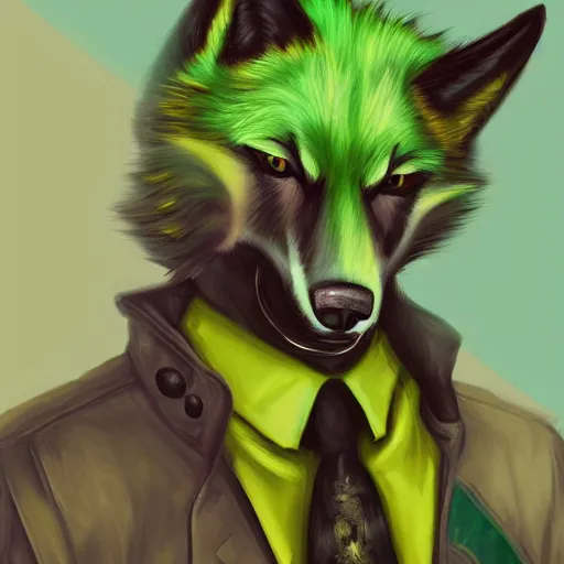 Image similar to Beautiful portrait digital painting, oil painting, anthro anthropomorphic pastel-green androgynous wolf, at a lake anarchist anarcho-punk Punk Punk outfit. furaffinity, artstation