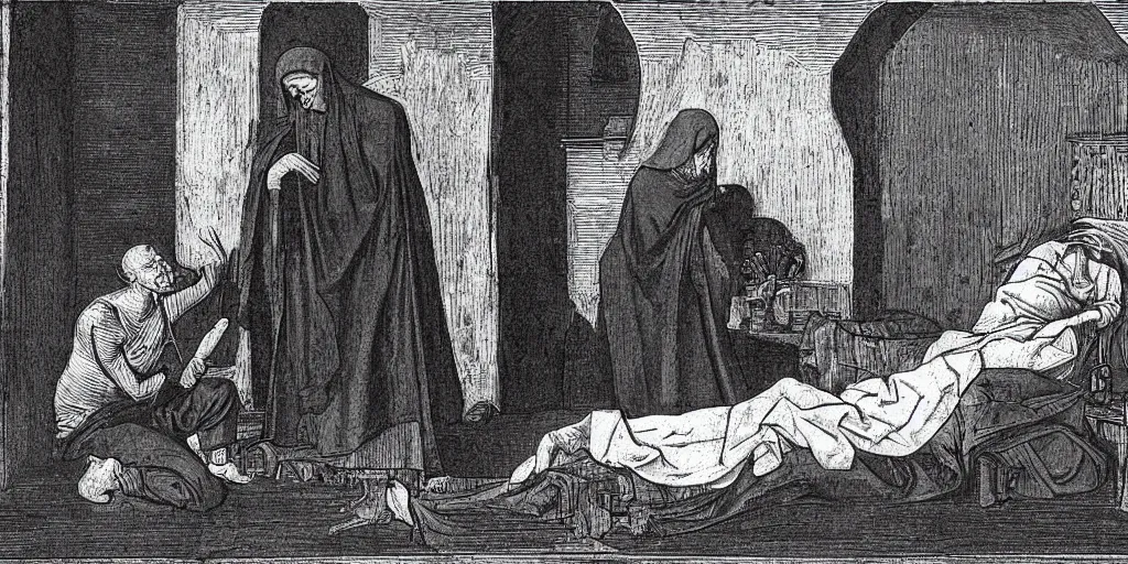 Prompt: realistic scene of a man meeting with death begging death so he can stay living, 1450, ink, ultra realistic, 8k