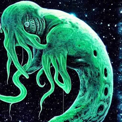 Image similar to a sleeping young cthulhu emerges from a hollow moon split in two, sci - fi, of the universe, real photo, pixel - unclear