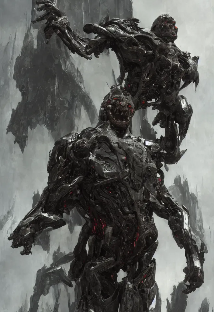 Image similar to willem dafoe as victor stone, full body concept, cyborg, borg, strogg, face of a man, terminator, flesh, quake strogg, doom demon, wolfenstein, monstrous, symmetry, symmetrical, concept art by ruan jia and greg rutkowski