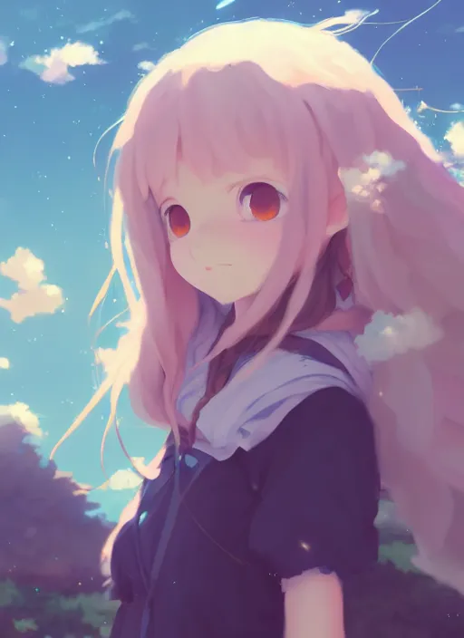 Image similar to portrait of cute catgirl, cloudy sky background lush landscape illustration concept art anime key visual trending pixiv fanbox by wlop and greg rutkowski and makoto shinkai and studio ghibli