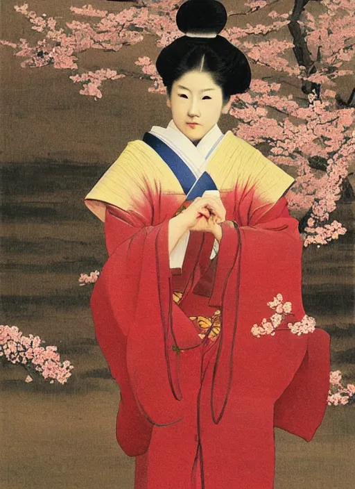 Image similar to Painting of a Japanese woman in the style of Jean-Léon Gérôme, kimono, cherry blossoms