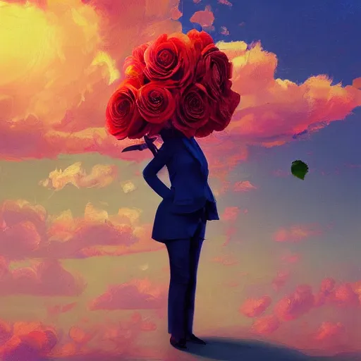 Image similar to closeup, huge rose flower head, portrait, girl in a suit, surreal photography, sunrise, blue sky, dramatic light, impressionist painting, digital painting, artstation, simon stalenhag