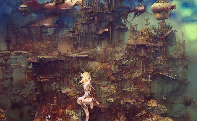 Image similar to airshps fleet, fantasy, steampunk. intricate, amazing composition, colorful watercolor, by ruan jia, by maxfield parrish, by marc simonetti, by hikari shimoda, by robert hubert, by zhang kechun, illustration, gloomy