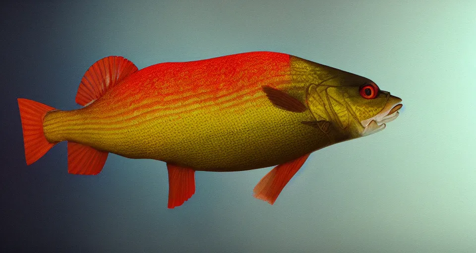 Prompt: a beautiful painting of a redfin perch, octane render, brilliantly coloured, intricate, ultra wide angle, trending on artstation, black light, volumetric lighting, ray lighting from top of frame, crepuscular ray lighting from above, dynamic lighting, muted colors, polished, micro details, ray tracing, 8 k