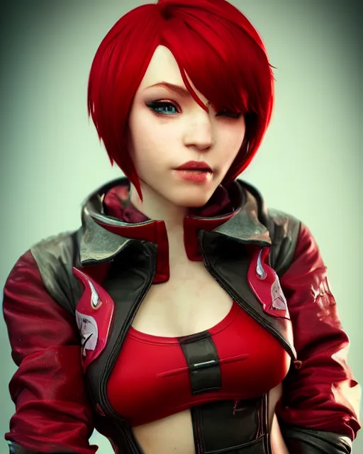 Image similar to a girl with short red hair, cool, vi from arcane, league of legends, fighter, cool red jacket, tattoo, beautiful, 3 d, potrait, art staion, studio light, closeup shot, octane render, wlop, realistic, neon