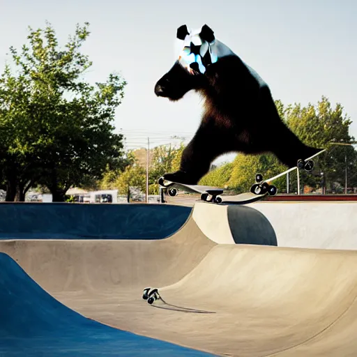 Image similar to a very cool panda bear on a skateboard doing a kickflip in the skatepark. realistic photography, sport photography, sunny day, x - games