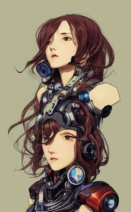 Prompt: girl, fused mecha robot parts, cyborg, vintage clothing, anime style, long hair, hair down, symmetrical facial features, from arknights, hyper realistic, 4 k, rule of thirds, extreme detail, detailed drawing, trending artstation, hd, d & d, realistic lighting, by alphonse mucha, greg rutkowski, sharp focus, backlit