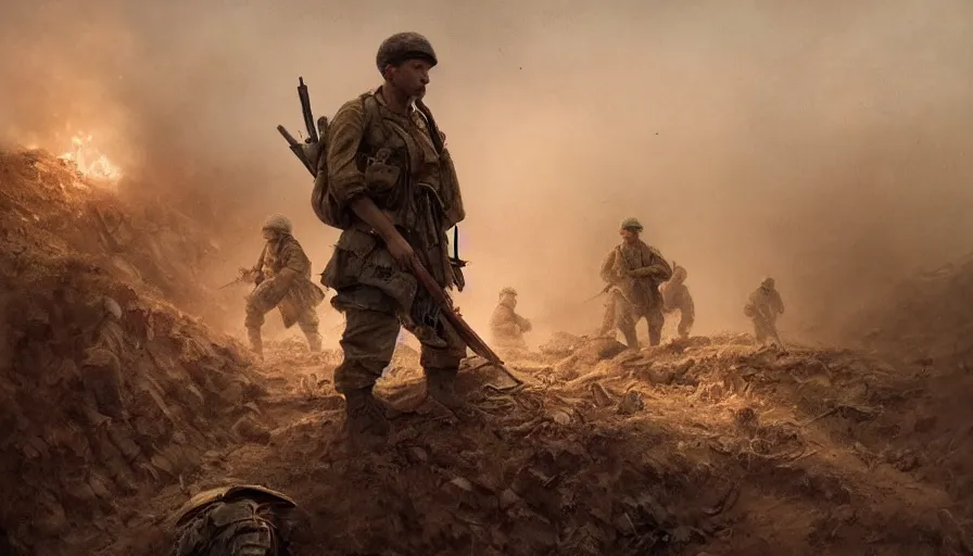 Image similar to beautiful film still of a war movie where a lone survivor, one soldier after his squad killed in action in a trench waiting for the war to end. cinematic lighting and rendering, atmospheric, concept art, high detailed faces, artstation, underpainting by artgerm and greg rutkowski, overpainted by eddie mendoza, post process by ross tran