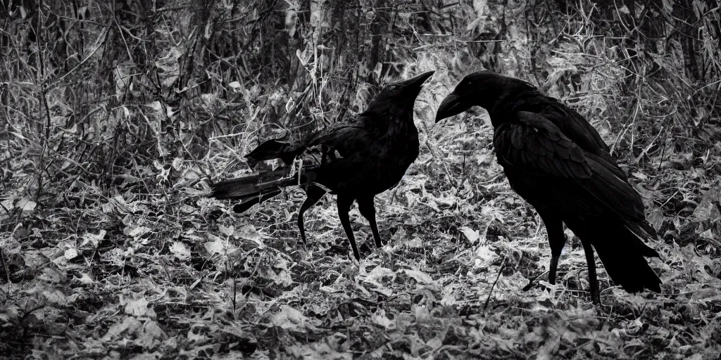 Image similar to mixture between an!! crow and! wolf, photograph captured in a dark forest