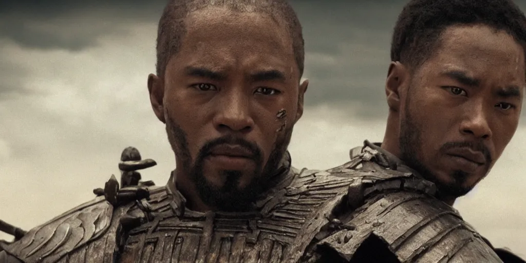Image similar to a film still of a black man starring in a japanese blockbuster film as san ancient samurai, shallow depth of field, cinematic, award winning cgi, vfx, film still